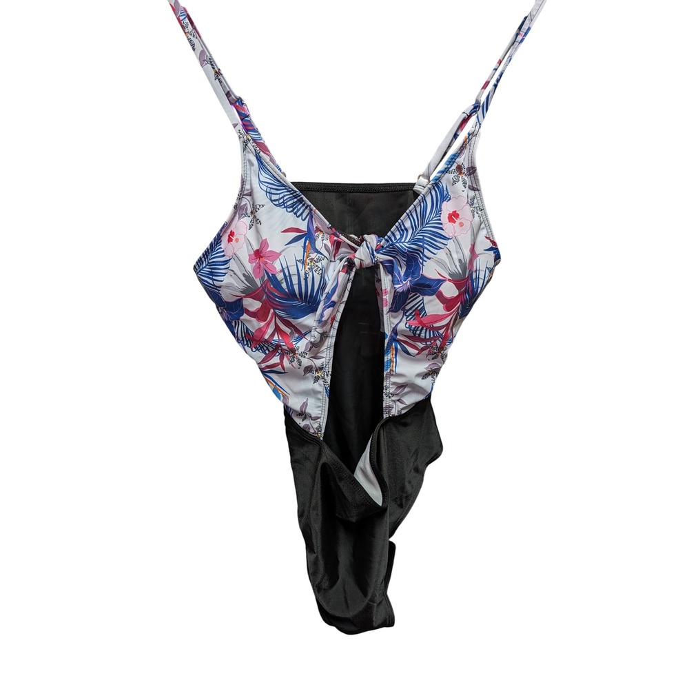One Piece Swimsuit Women XL Black Floral Excellent Cutout Tie Front
